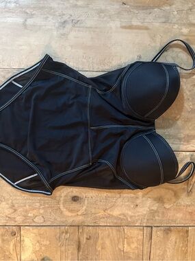 Black One-Piece Swimsuit with Contrast Stitching - Supportive Fit